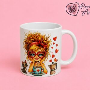 Taza Cerámica Muñeca con gato, cafetera y taza.